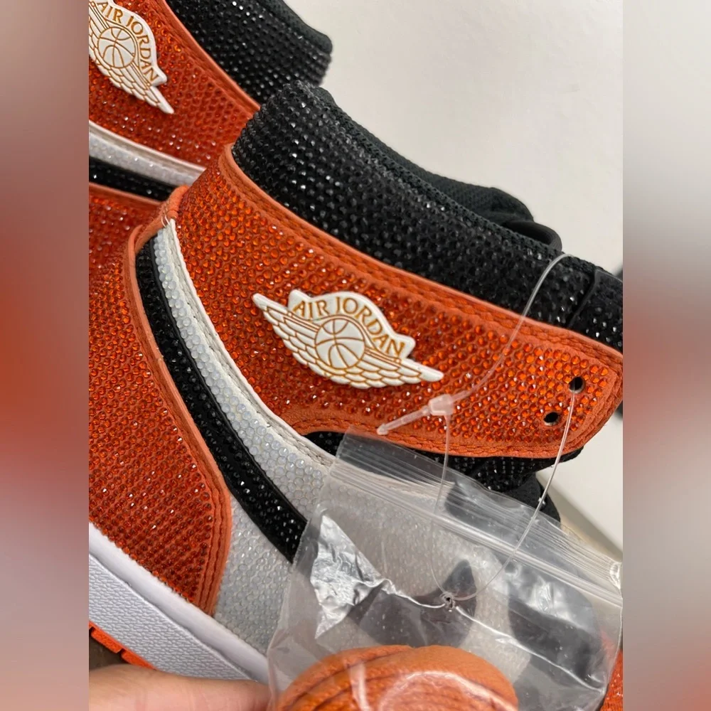Custom Black, Orange & White Rhinstone Nike Air Jordan Sneakers, Men's 8/ Womens